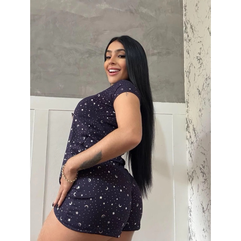 Pijama confortável Baby Doll Feminino Estampado Estrelas e Lua –Conjunto Short e Blusa Confortável para Dormir e Relaxar