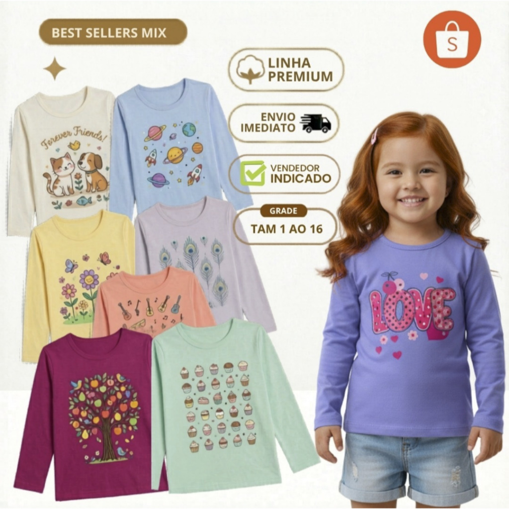 Kit 5 Camiseta Manga Longa Menina Blusinha Infantil Feminina Blusa Frio Infantil Algodão 1 a 16 anos