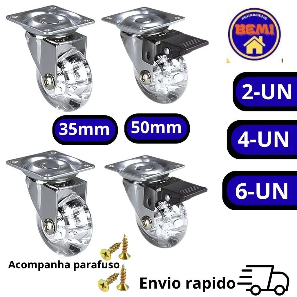 Kit Rodízios Giratórios Rodinhas De Silicone Gel 35mm 50mm Para Móveis Inclui Com Freio E Sem Freio