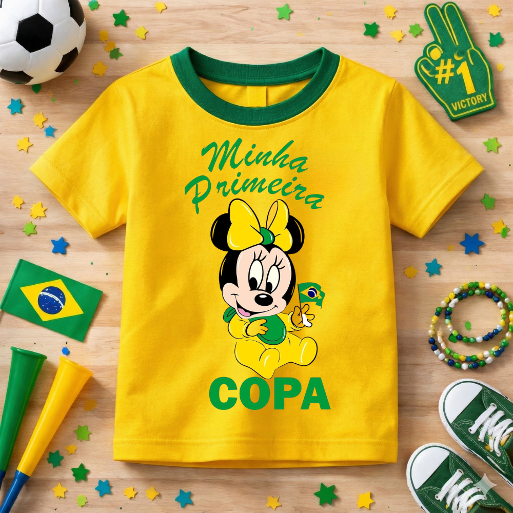 Camiseta Infantil Minie Primeira Copa Do Mundo Menina Lançamento Brasil Algodão Premium Confortável