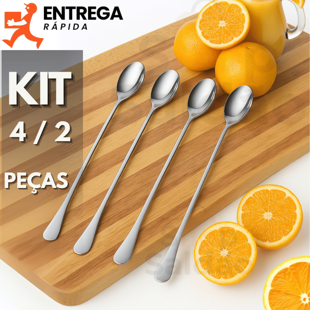 Kit 4 ou 2 Colher Bailarina Inox 30cm Colher Longa de Suco Drink Colher de Sobremesa Grande Cozinha