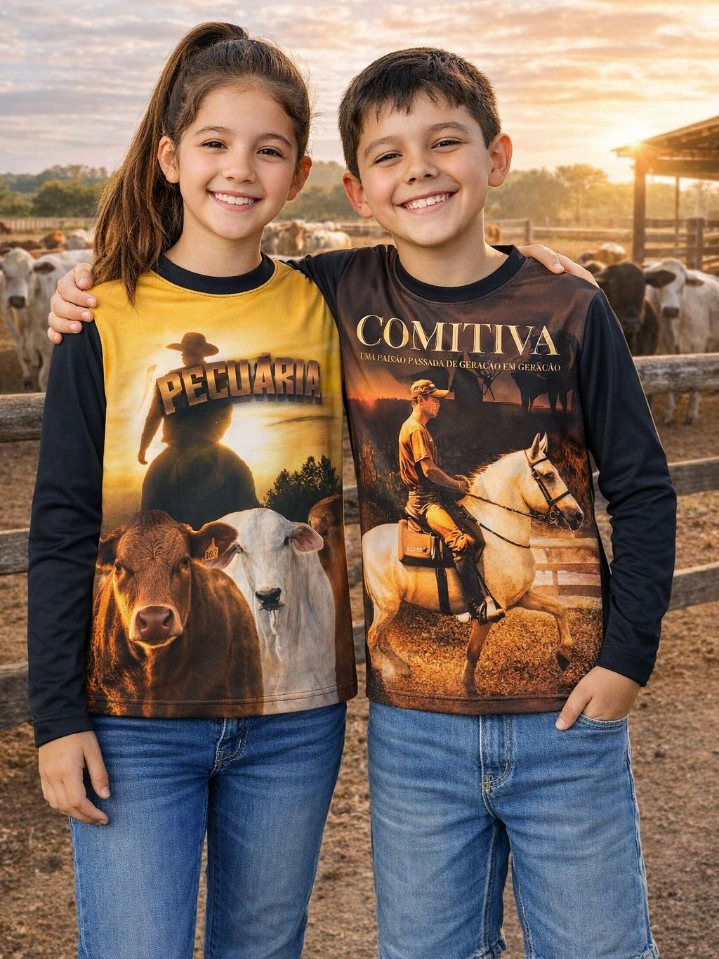 Camisa térmica infantil agro boi comitiva cavalo trator peixe UV+50 proteção solar Confortável