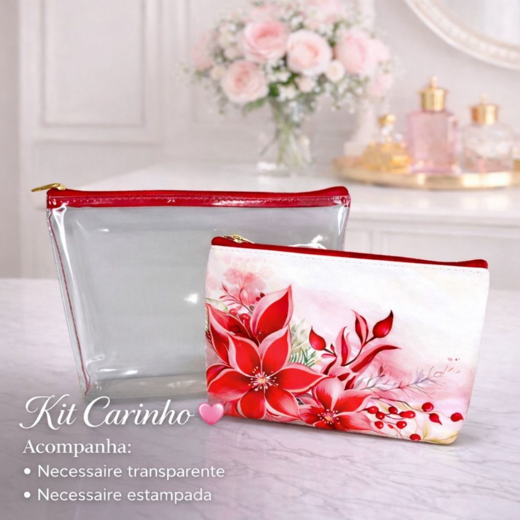 Kit Carinho 1 Necessaire Transparente + 1 Necessaire Estampada Porta Maquiagem Viagem Kit Carinho 1 Necessaire Transparente + 1 Necessaire Estampada Porta Maquiagem Viagem