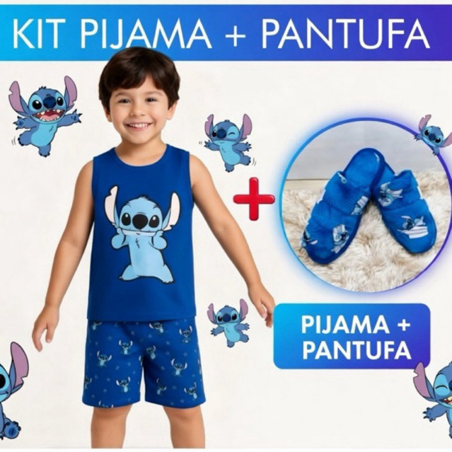 Kit pijama masculino stitch infantil + pantufa de menino regata juvenil verao