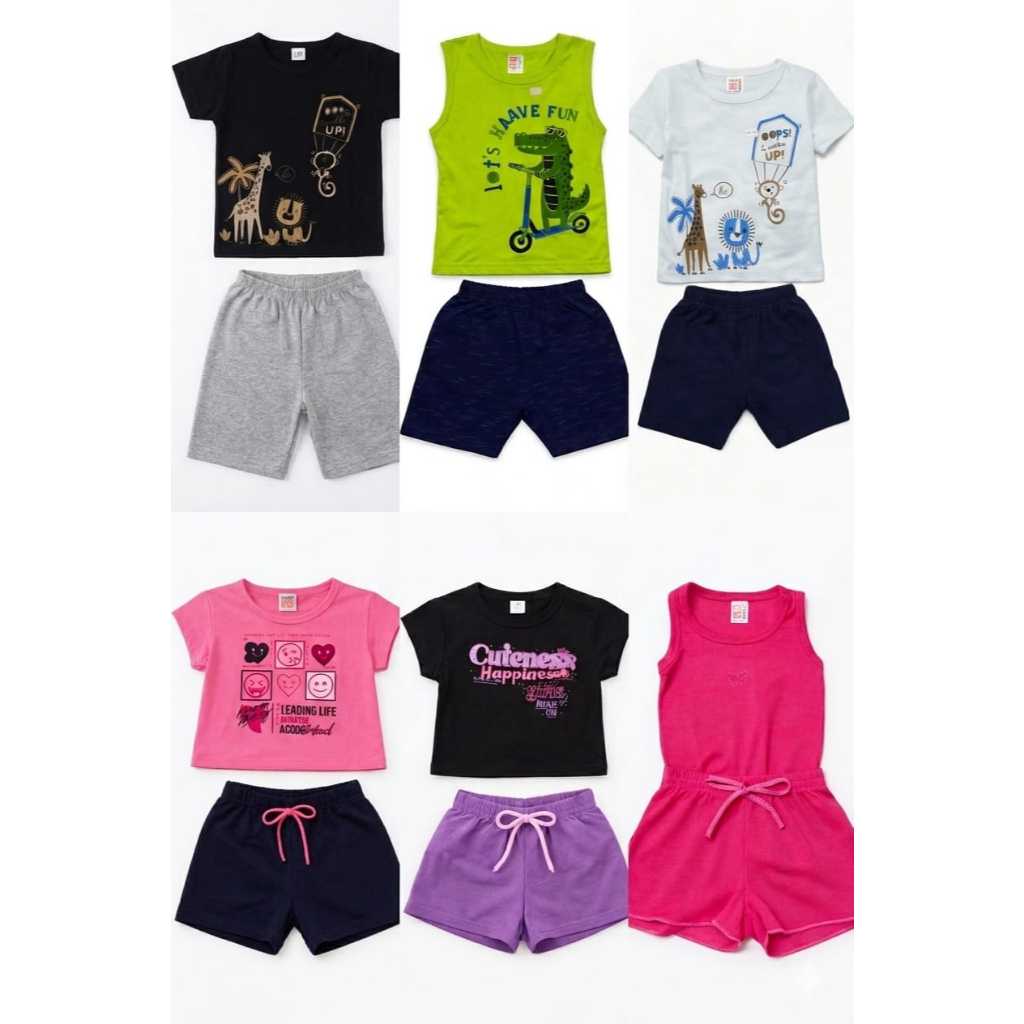 Kit Conjunto Infantil Menino Menina 6 peças Camiseta/Regata + Bermuda/Short 1 ao 8 Verão Sortido