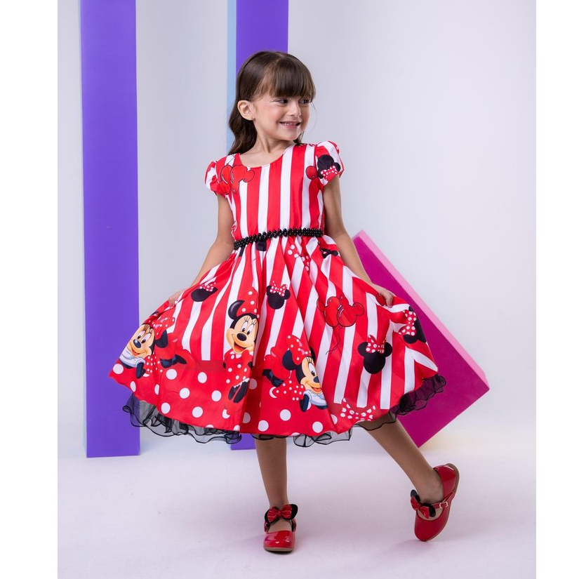 Vestido Infantil Menina Tematico Minnie/Minie Vermelha Listrado Luxo Festa Aniversario