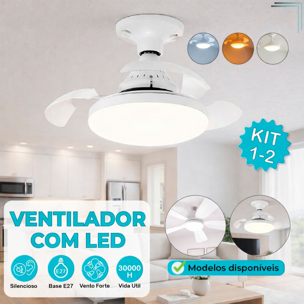Ventilador De Teto Retratil 80W - 120W Lâmpada 3 Cores E27 Silencioso Bivolt Com Controle