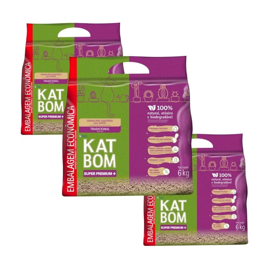 Kit 3 Katbom Tradicional Granulado Sanitário Gatos - 6 Kg