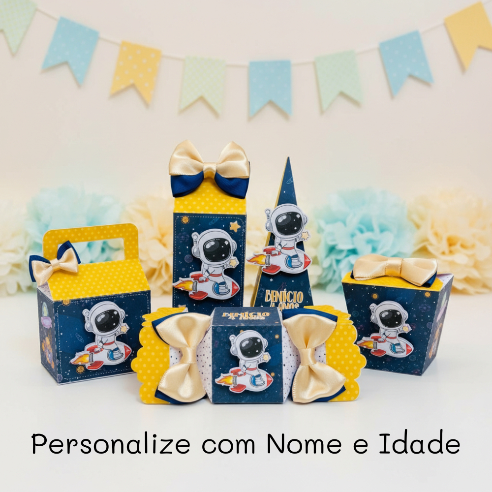 Kit Festa Caixinhas Personalizadas ASTRONAUTA Pegue e Monte Papel Fotográfico
