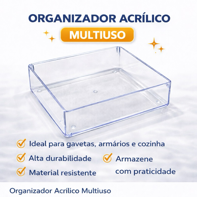Organizador Acrílico Multiuso Quadrado Transparente para Gavetas Cozinha e Geladeira