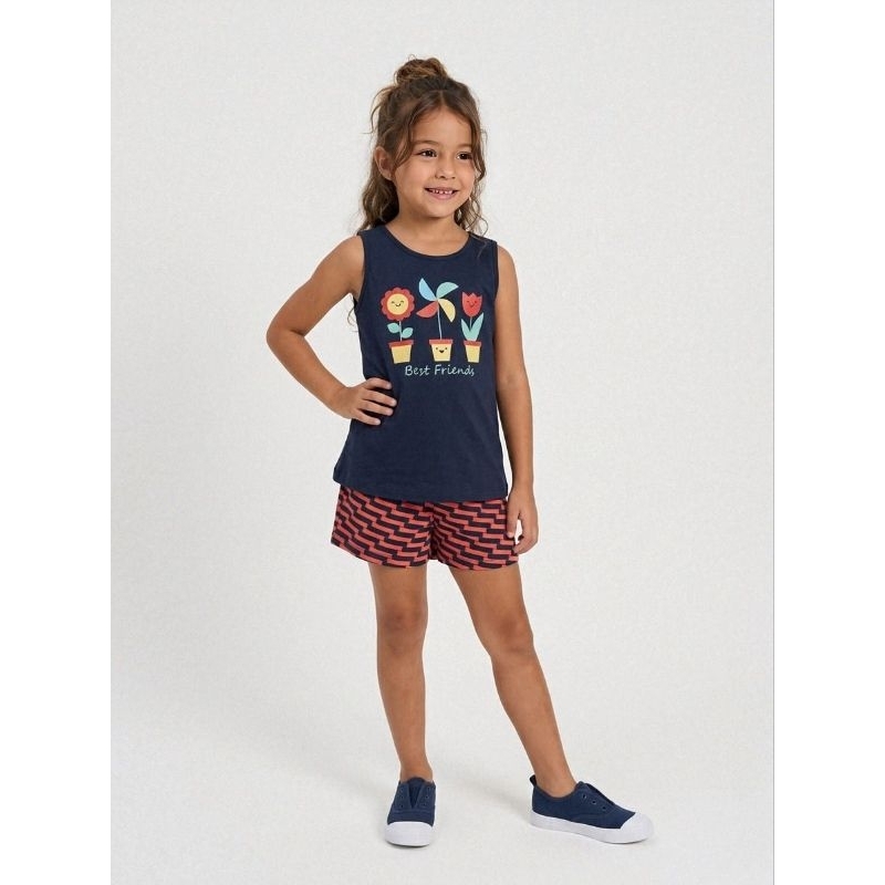 Conjunto Infantil Feminino Verão Regata Azul + Short Estampado Floral Confortável Tam 08 Pipa