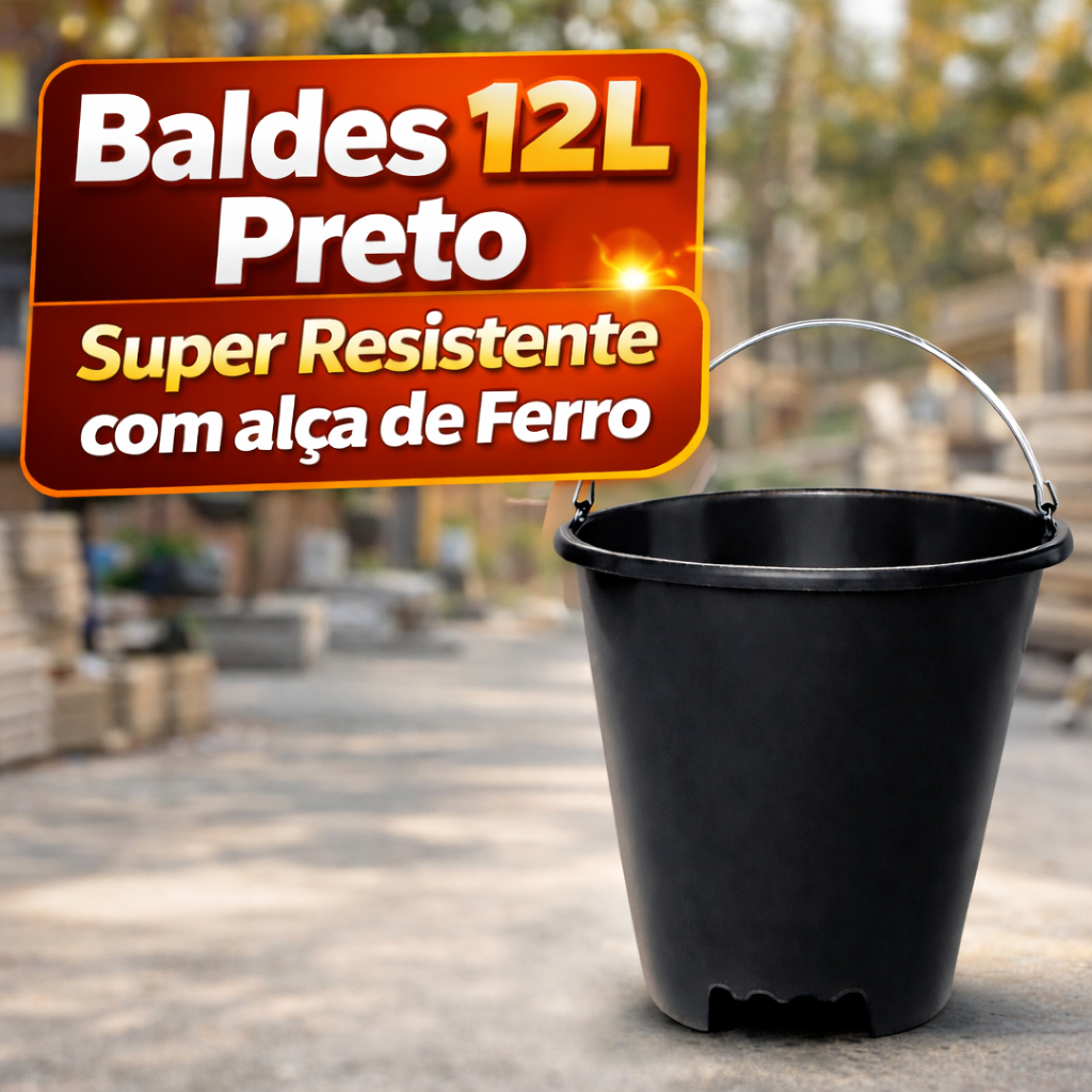 Balde 12L Plástico Reforçado Alça Ferro Preto Limpeza Obra Profissional Resistente Alta Durabilidade