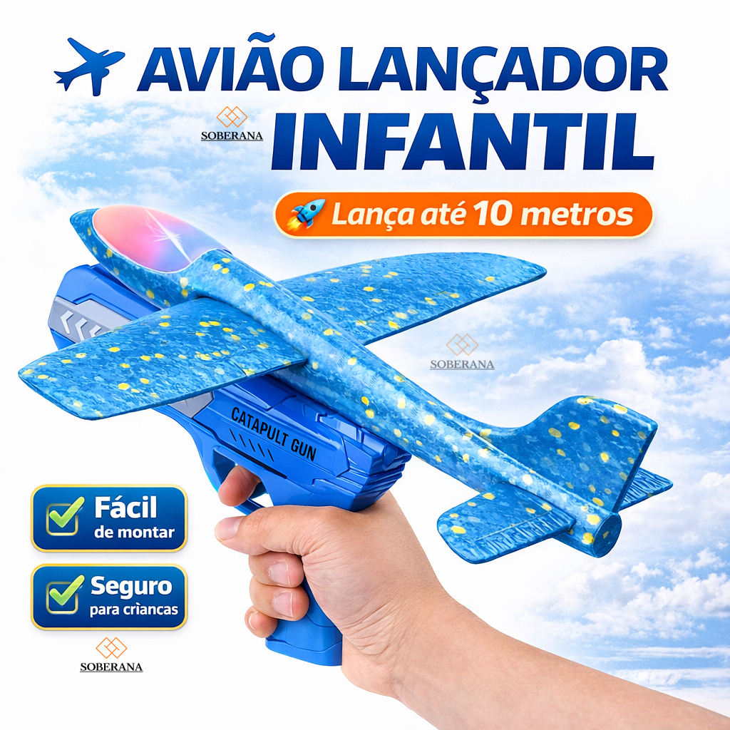 Avião Lançador Grande com Luz Infantil Voa Longe Brinquedo Seguro Planador Catapulta Menino Menina