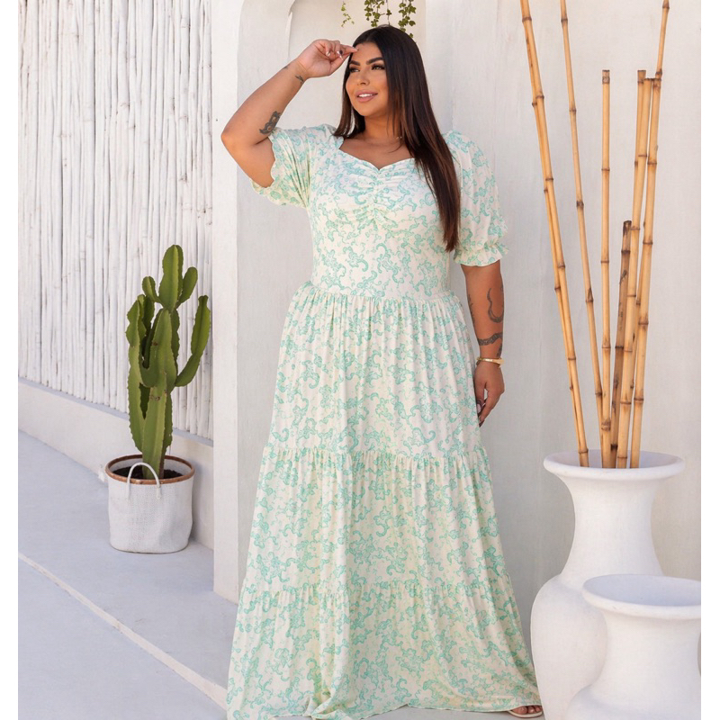 Vestido Longo Plus Size Viscolinho Estampado Com Lastex nas Costas e Franzido no Busto Elegante Confortável G2 e G3
