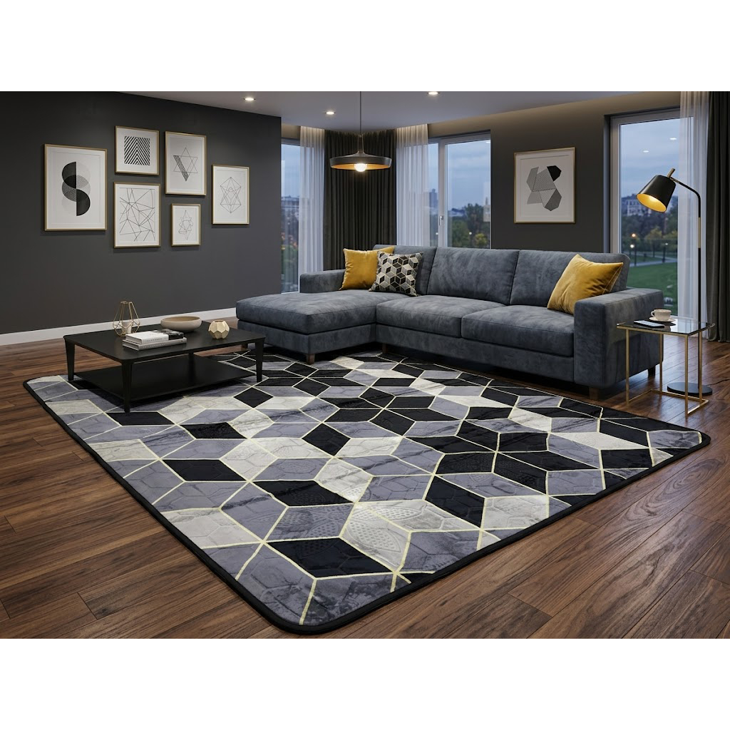 Tapete Sala Quarto Geomético 1,95x2,40 Mt Antiderrapante Ins Flannel Grande Estampado