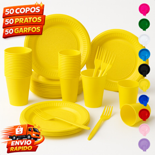 Kit Descartável 150 Itens para ate 50 Pessoas Pratos Copos Garfos Para Aniversario Comemoracoes em Oferta na Shopee