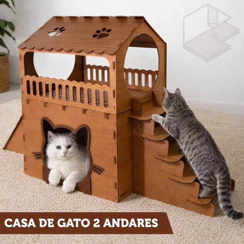 Casa De Gato 2 Andares Playground Com Escada Rampa Carpete MDF Estrutura Móvel Nicho Pet Dois Pisos