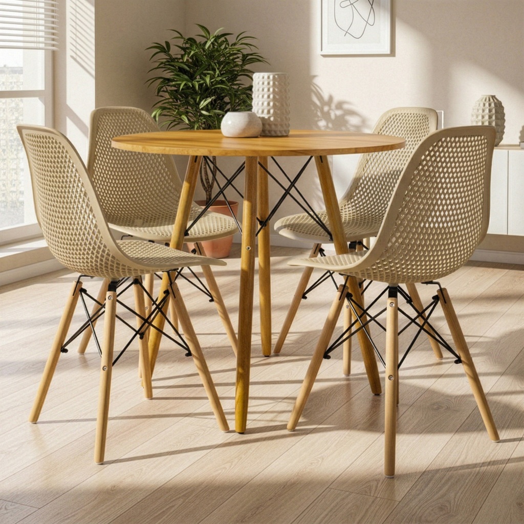 Mesa Eiffel Redonda Freijó 80 Cm MDF + 4 Cadeiras Eloá Sala de Jantar