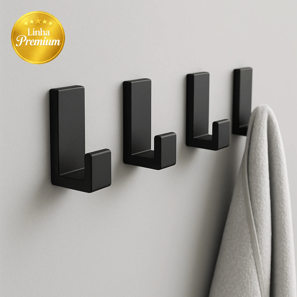 Kit Gancho Adesivo 3M Preto Cabide de Parede para Toalha Banheiro Sem Furo Alta Fixação Resistente