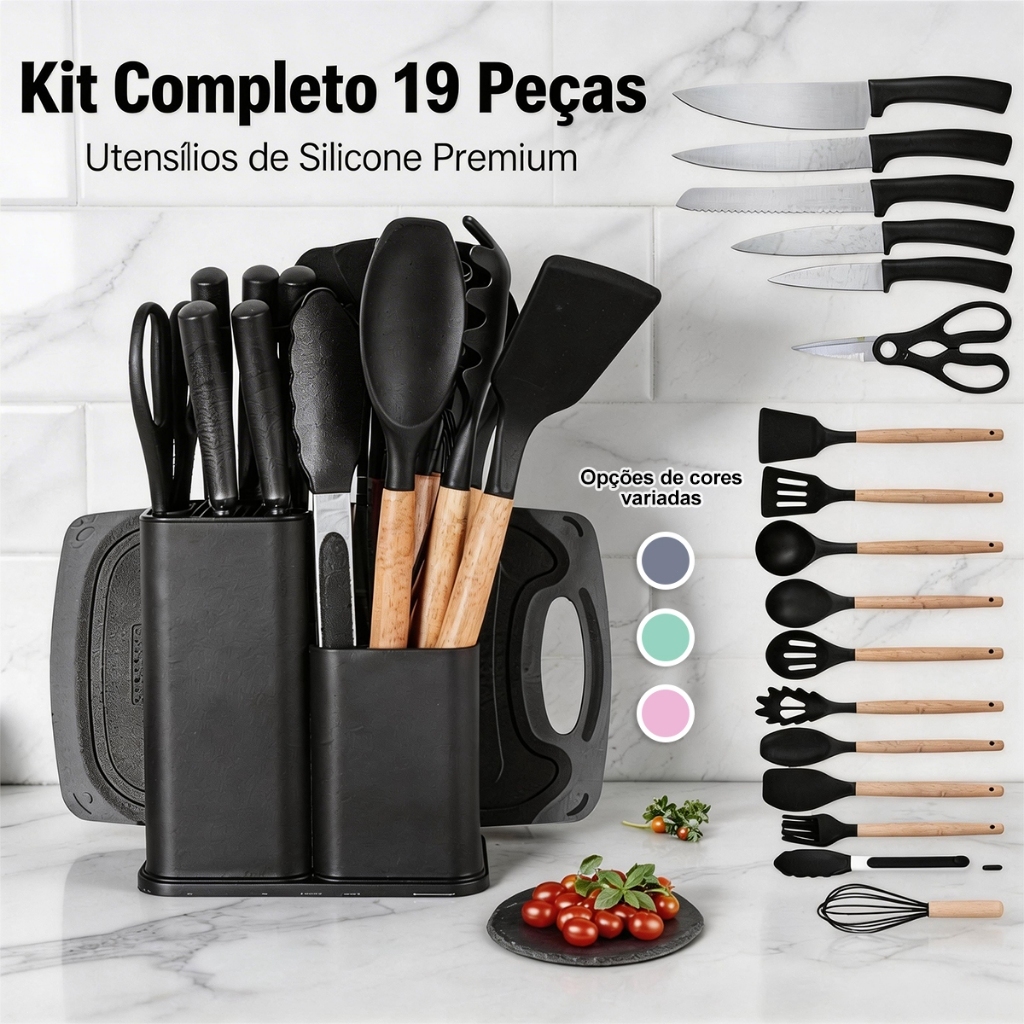 Jogo de Cozinha Completo 19 Peças Premium com Facas e Utensílios de Silicone
