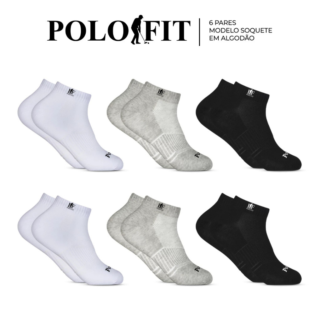 Kit 6 Pares Meias Cano Curto Baixo Soquete Feminino Masculino Algodão Polo Fit
