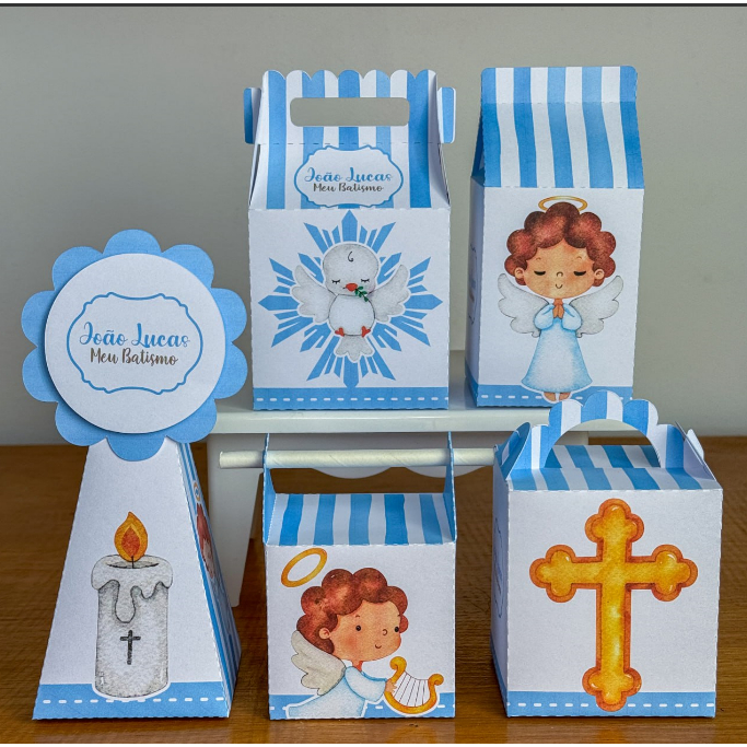 PEGUE E MONTE LEMBRANCINHAS - KIT FESTA CAIXINHAS PERSONALIZADAS - TEMA BATIZADO DE MENINO
