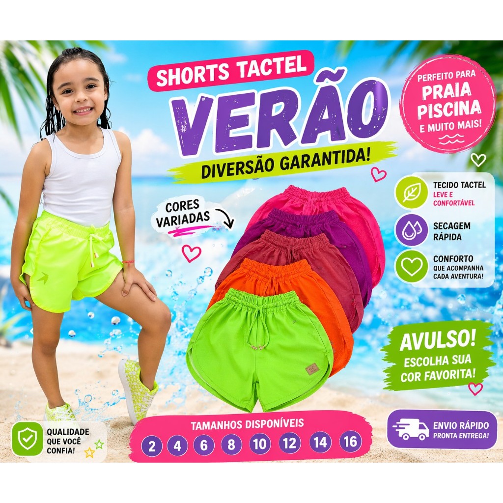 SHORTS TACTEL MENINA BERMUDA INFANTIL PRAIA PISCINA CORES VARIADAS VERÃO