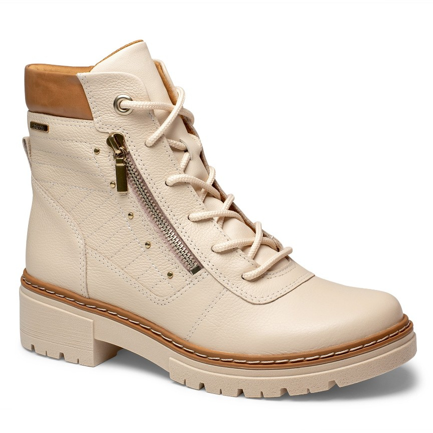 Coturno feminino Dakota couro off white tratorado salto médio casual confortável com zíper