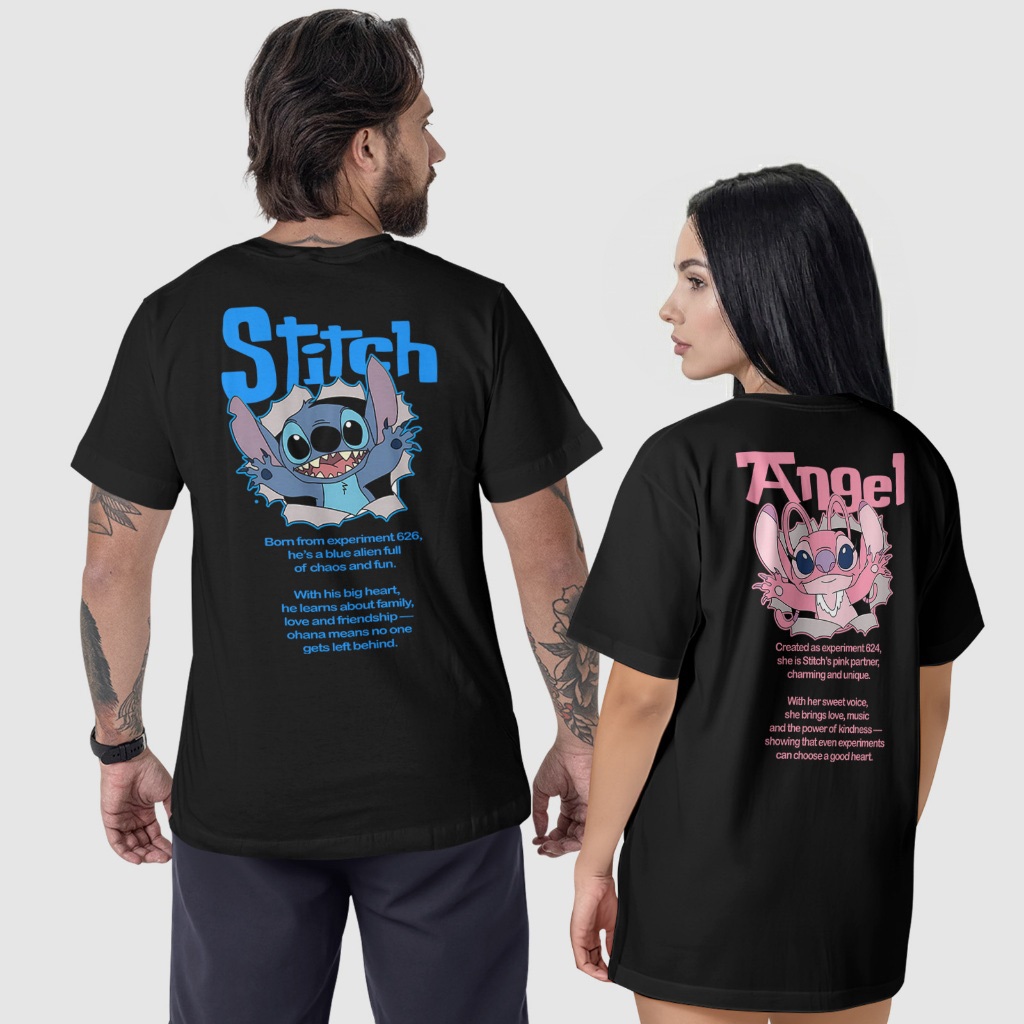 Kit 2 Camisetas Casal Stitch e Angel Algodão 100% Camisa Moda Look Casual Conjunto Lilo Stitch Casal