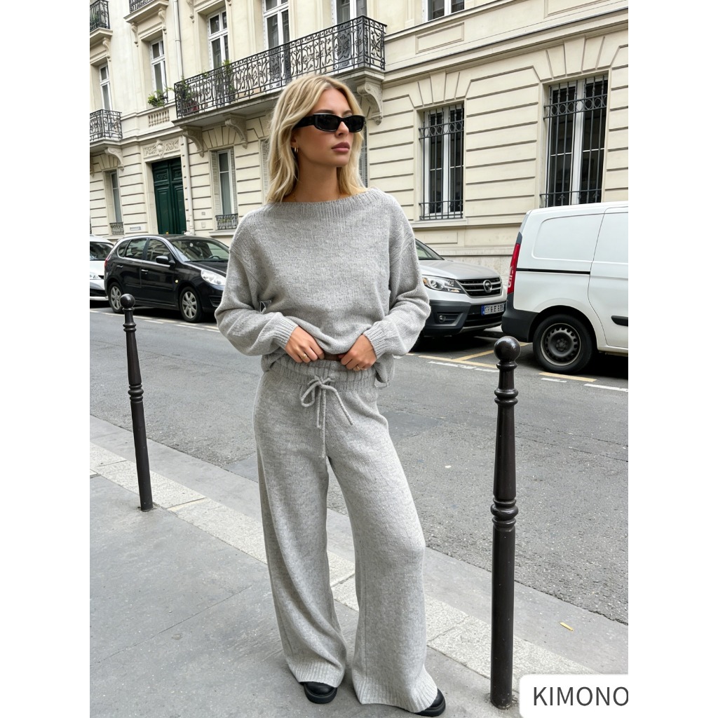 Conjunto Feminino Tricot Mousse Calça Wide Leg Pantalona e Blusa Cropped Tricô ，Tamanho Único veste 42