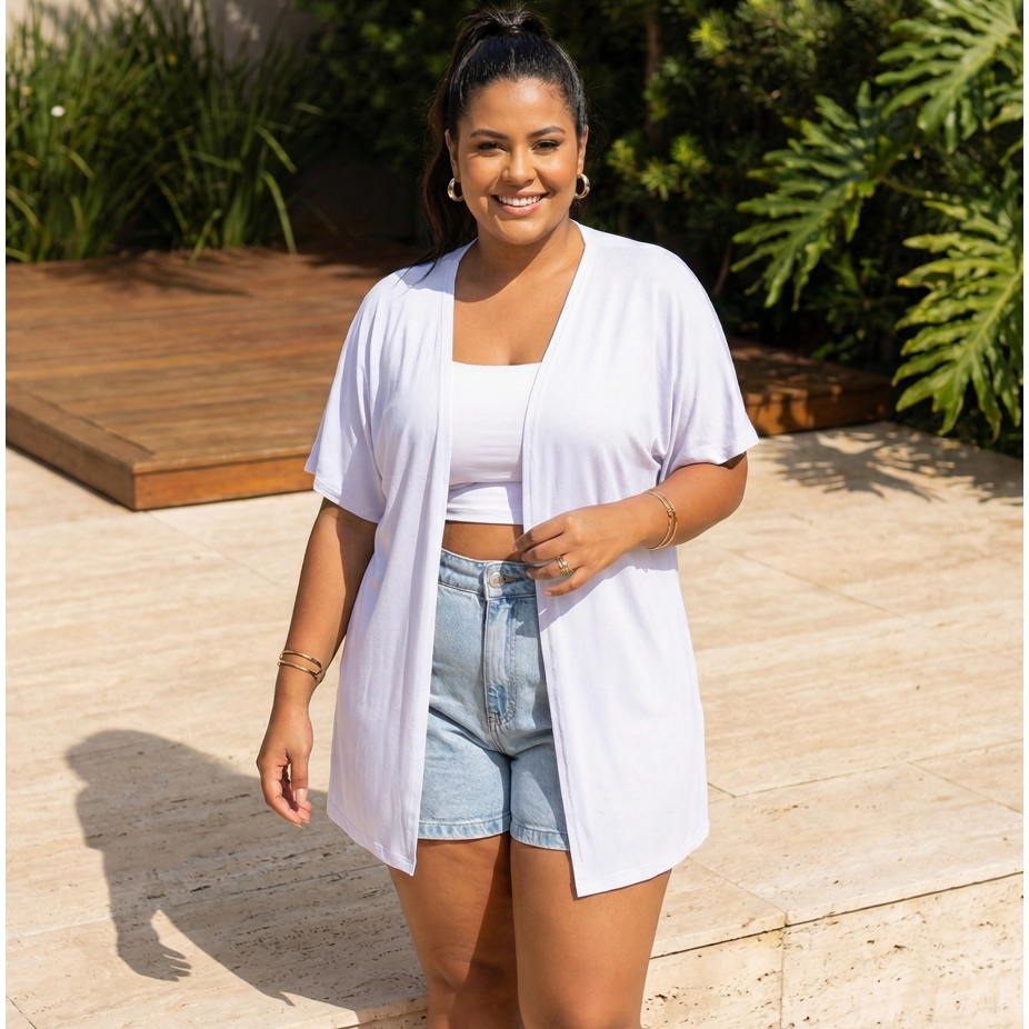 Kimono Soltinho Manga Larga Estilo Sobreposição Plus Size Malha Viscolycra em Oferta na Shopee