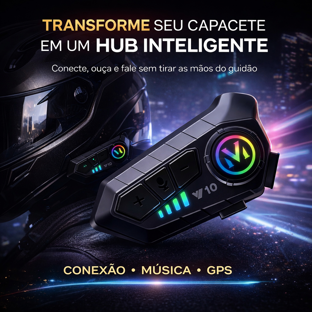 Intercomunicador Bluetooth Capacete V10 Som Hi-Fi RGB IP67 Fone Moto Comando de Voz