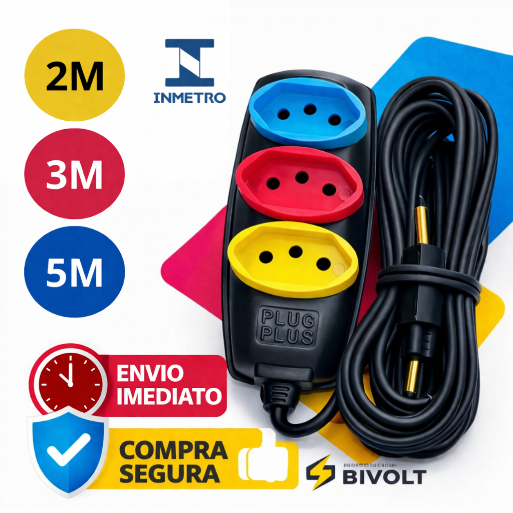 Extensão Elétrica 3 Tomadas 10A Bivolt Tripolar 2, 3 e 5 Metros Kit Colorida