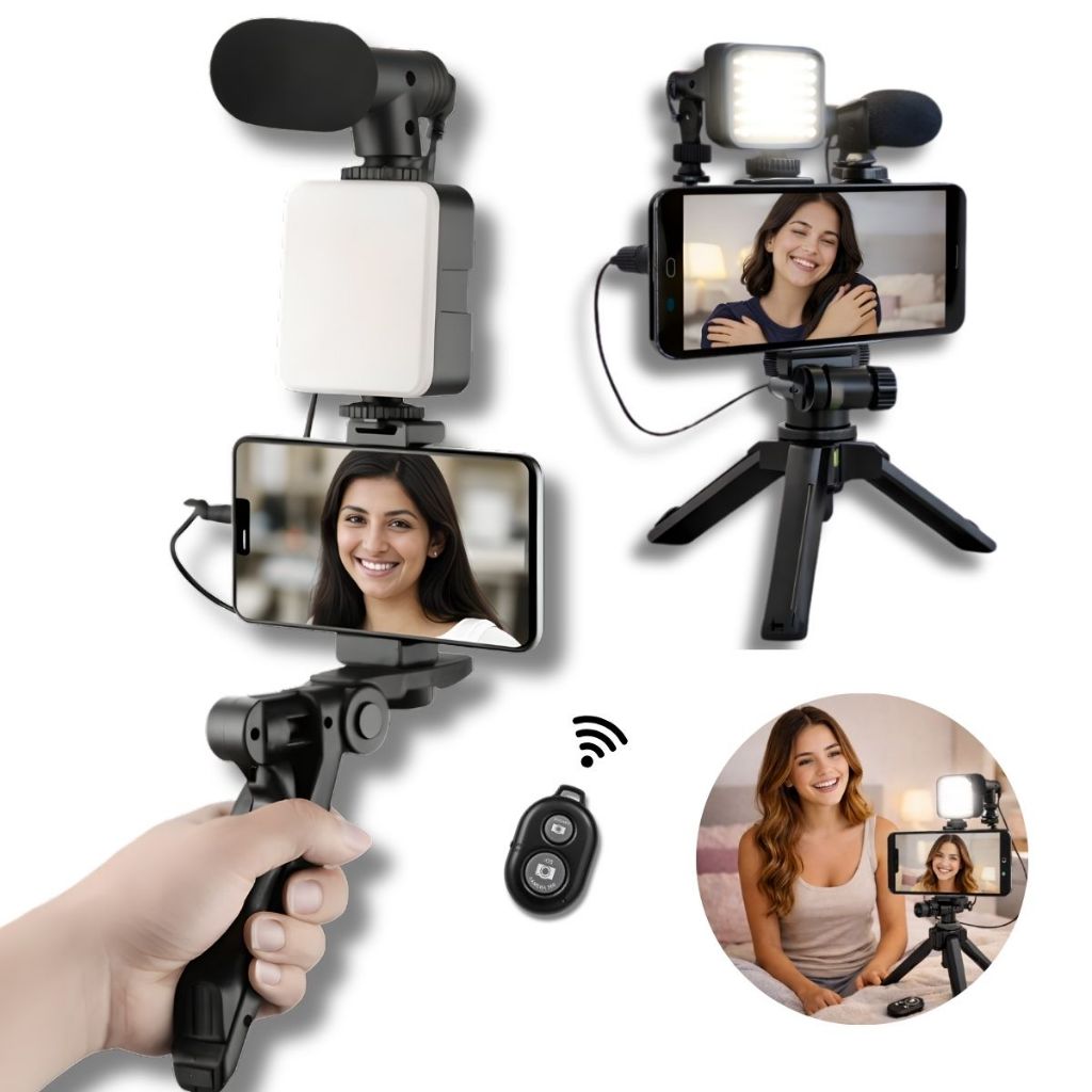 Kit 5 em 1 Youtube Tiktok Tripé Bastão Selfie Para Celular com Luz LED e Controle Bluetooth Microfone
