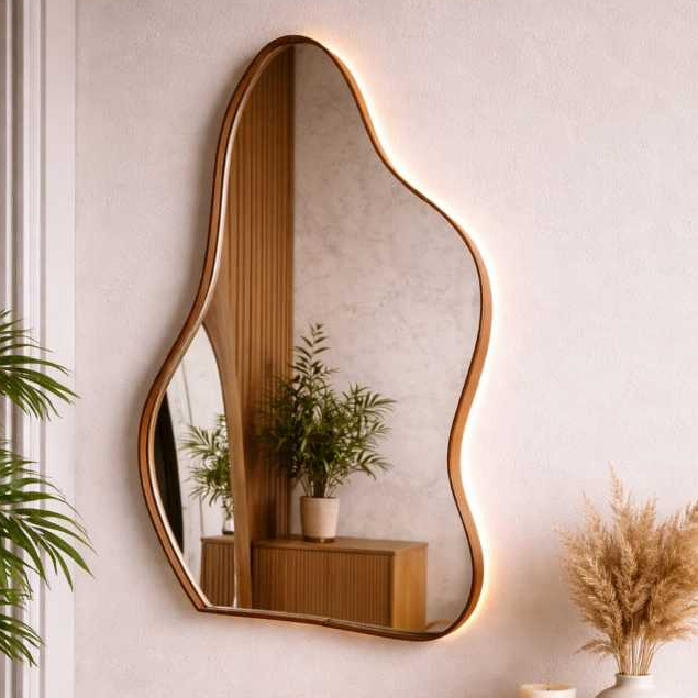 Espelho Decorativo Orgânico 80x50 FLAME Com Couro de Luxo Para Quarto Salas Salão de Beleza