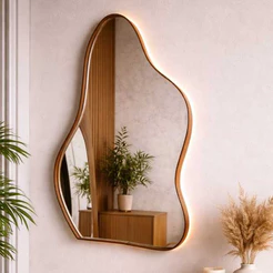Espelho Decorativo Orgânico 80x50 FLAME Com Couro de Luxo Para Quarto Salas Salão de Beleza