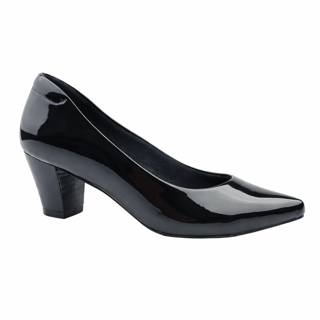 SCARPIN FEMININO BICO FINO SALTO BAIXO CONE PRETO VERNIZ ELEGANTE NEFTALI