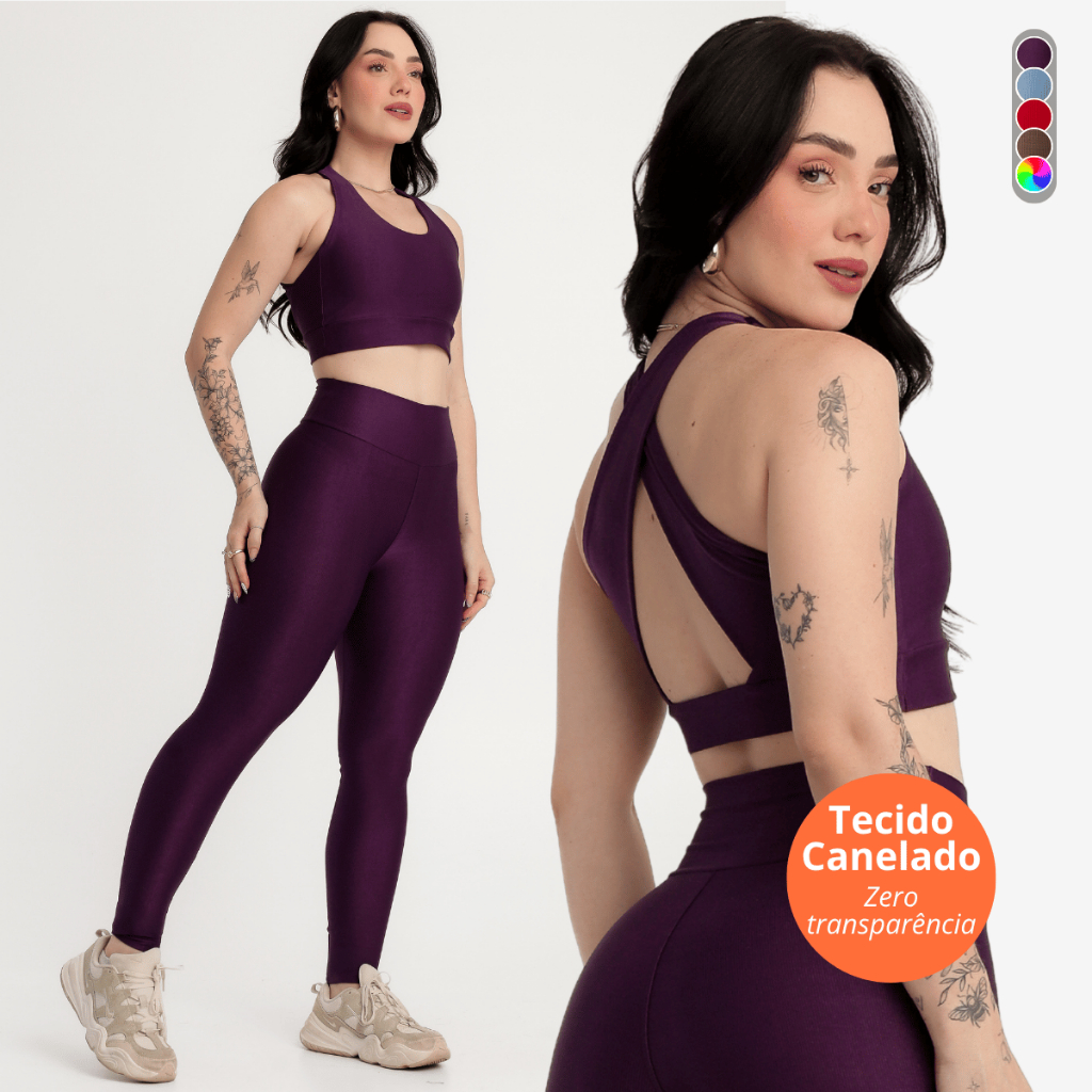 Conjunto Feminino Fitness Canelado Zero Transparencia Legging e Top Academia Treino