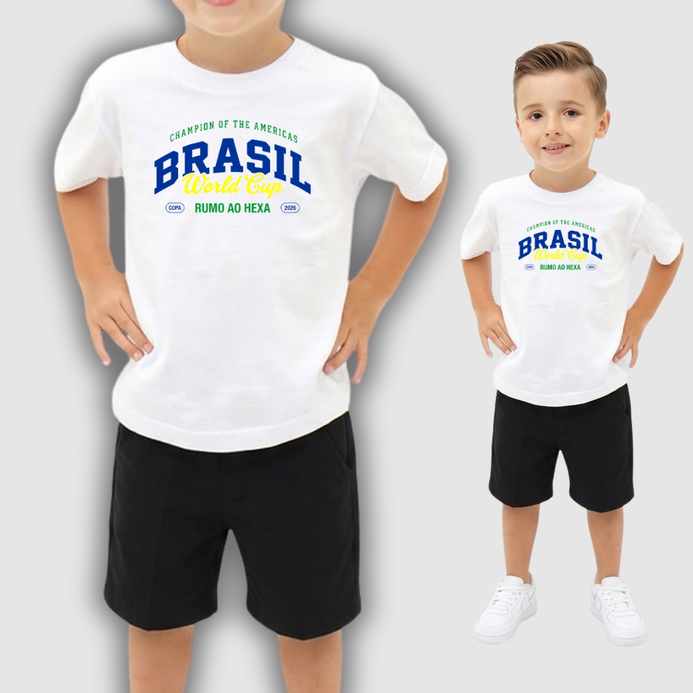Camiseta Infantil Brasil Juvenil Copa 100% Algodão camisa blusa Menino Menina diferente branca com bandeira bola
