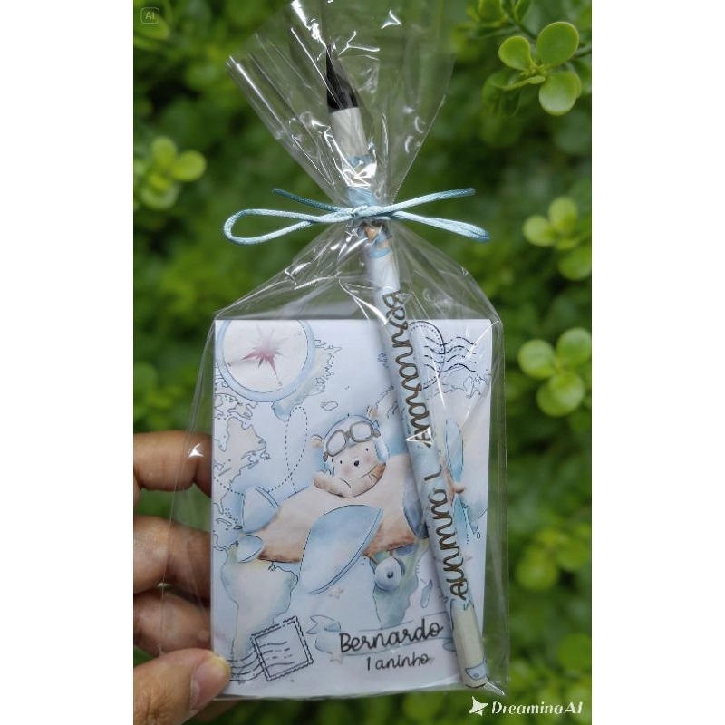 kit Bloquinho + Lápis Personalizado Ursinho Aviador, Lembrancinha Festa de Aniversário, Maternidade