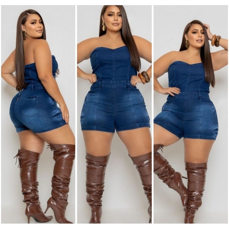 Macacão Tomara que Caia Jeans Feminino Short Curtos Jeans Plus Size Cintura Alta Elegante