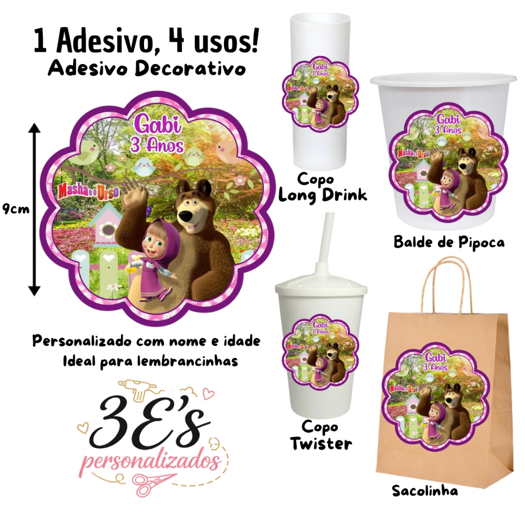 Masha e o urso Adesivos Personalizados Sacolinhas Balde de Pipoca Copo Twister Copo Long Drink