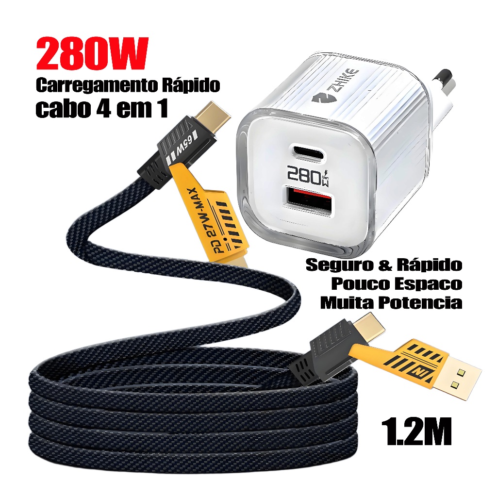 Kit Carregador GaN 280W + Cabo 4 em 1 PD | 3 Opções: Apenas Cabo/Fonte/Combo | Compatível com iPhone/Samsung/Motorola