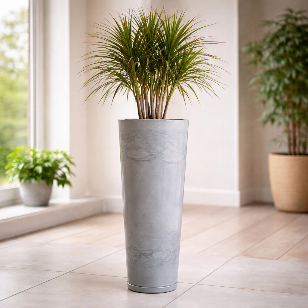 Vaso de Planta Decorativo Alta Grande 70×26 Coluna Ibiza Slim Marmorizado Liso Polido com Prato
