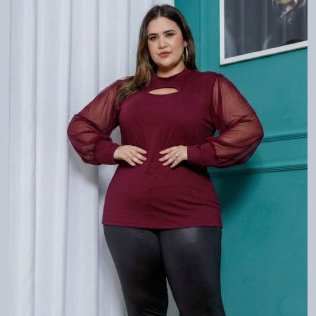 Blusa Feminina Manga Longa Plus Size Em Tule E Viscolycra