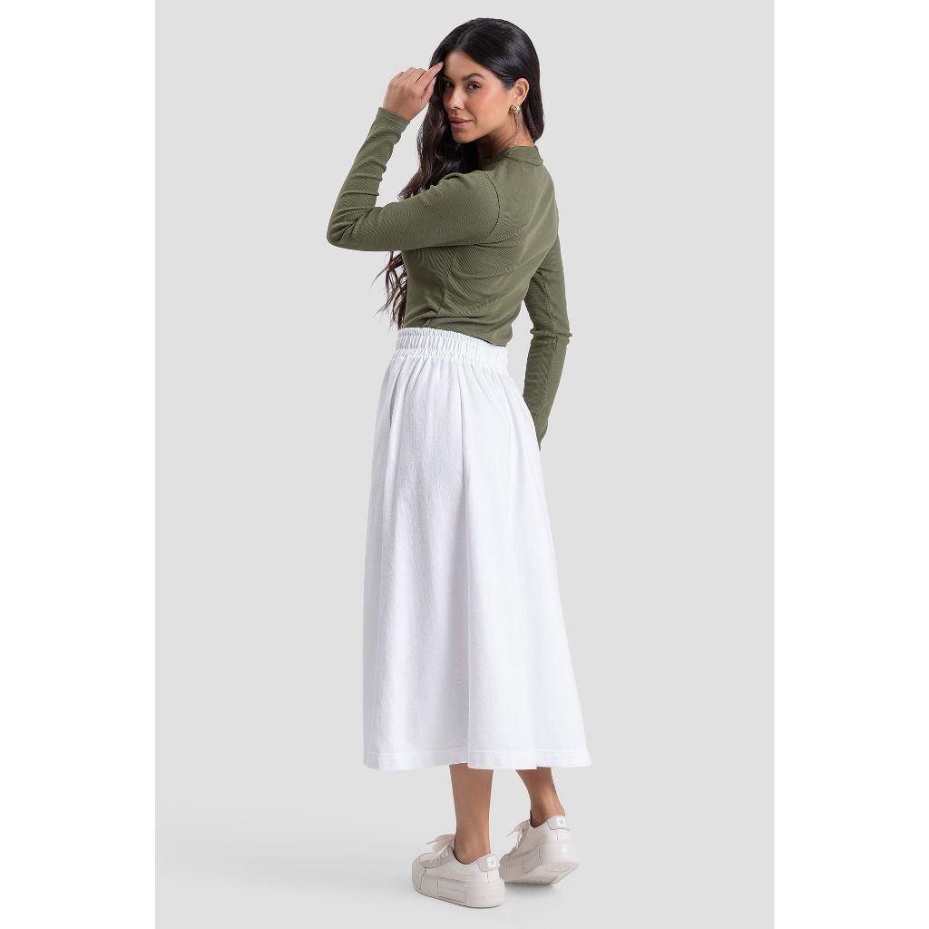 Blusa Feminina Manga Longa Off White Modelagem Ajustada Canelada Confortável em Algodão Elastano