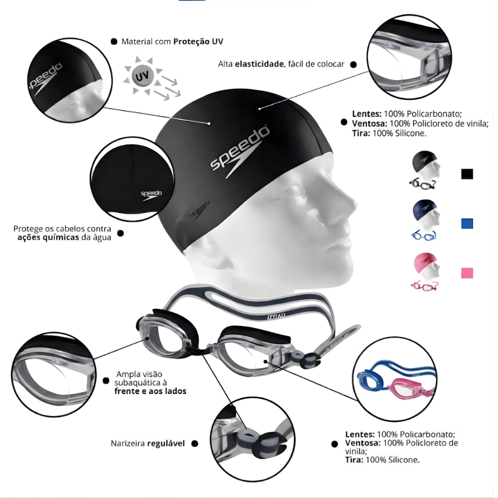 Óculos de Natação Speedo + Touca de Silicone Impermeável Hidroginástica Original · foto 2