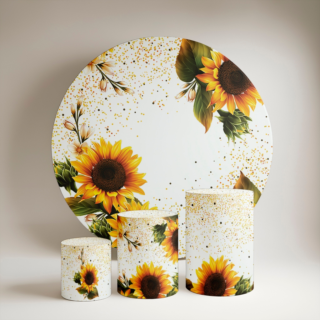 Kit Painel Redondo 1,5 m + Trio de Capas De Cilindro Flores jardim girassol delicado