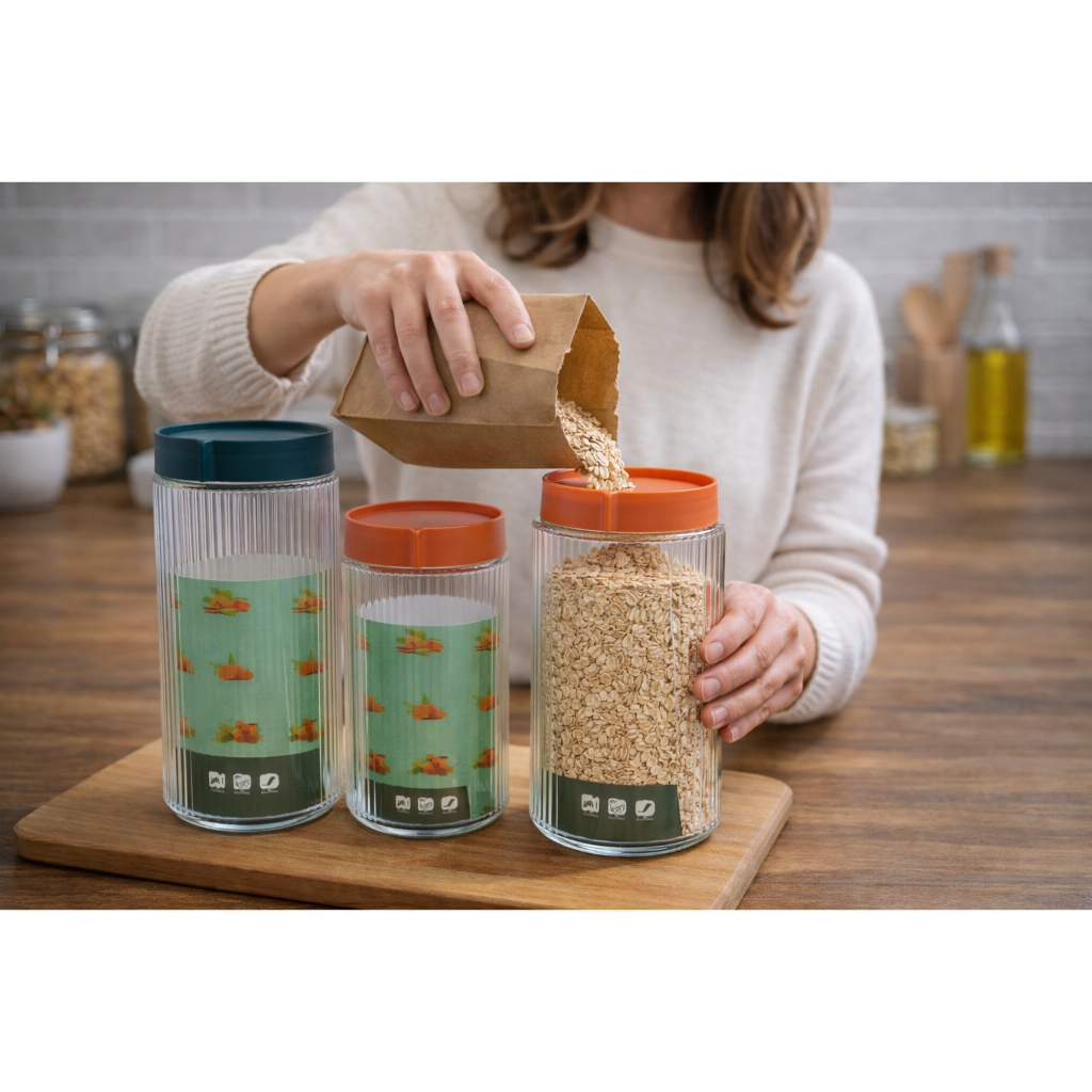 Conjunto Potes de Vidro com Tampa 4 Peças, Hermético, Porta Mantimentos, Organizador de Cozinha, Transparente