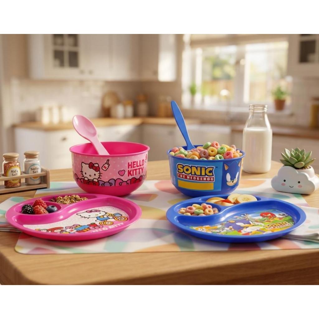 Kit Prato com Divisórias E Bowl Com Colher Plástico Sonic ou Hello Kitty